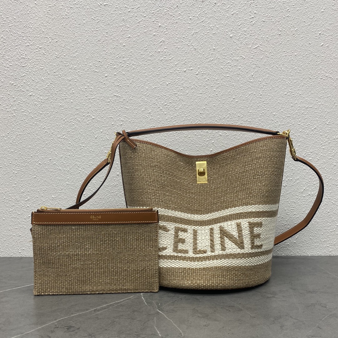 Celine Bucket 16 Smooth Calfskin Canvas Handbag Shoulder Bag Tan/Coffee 195573